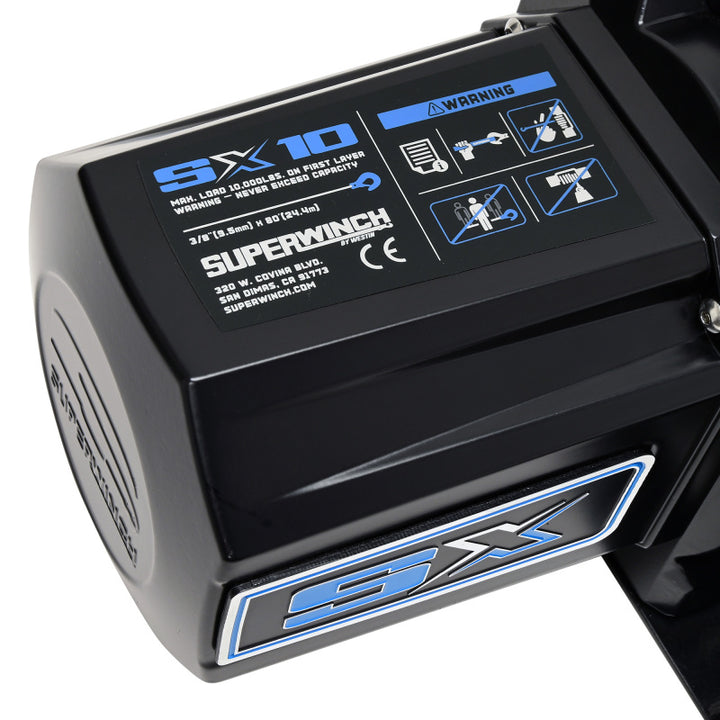 Superwinch 10000 LBS 12V DC 3/8in x 80ft Synthetic Rope SX10SR Winch - Semi Gloss Black - Bull Strap
