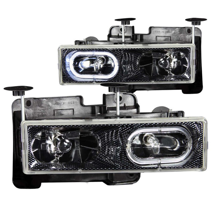 ANZO 1988-1998 Chevrolet C1500 Crystal Headlights Carbon w/ Halo - Bull Strap