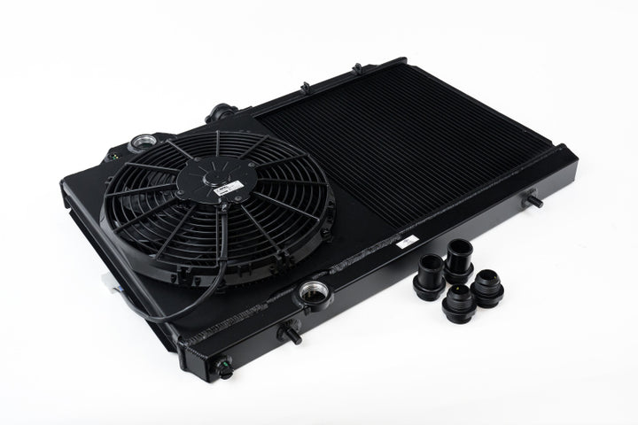CSF 96-07 Mitsubishi Evo 4/5/6/7/8/9 Full-Slim Radiator w/12in Fan & Shroud/-16AN - Black - Bull Strap