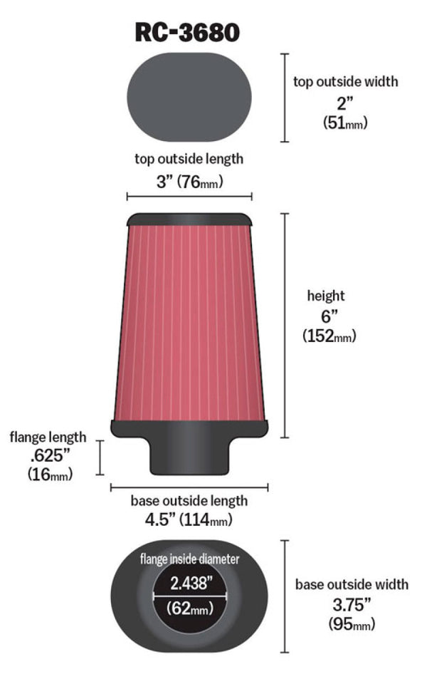 K&N Universal Clamp-On Air Filter 2-7/16in Flange 4-1/2x3-3/4in Base 3x2in Top 6in Height - Bull Strap