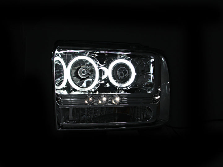ANZO 2005-2007 Ford Excursion Projector Headlights w/ Halo Chrome w/ LED Strip (CCFL) 1pc - Bull Strap