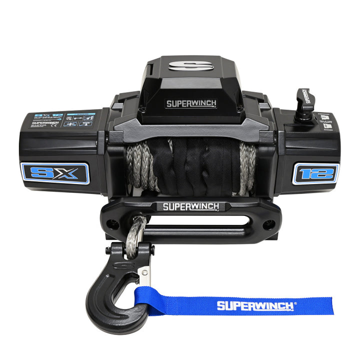 Superwinch 12000 LBS 12V DC 3/8in x 80ft Synthetic Rope SX12SR Winch - Semi Gloss Black - Bull Strap