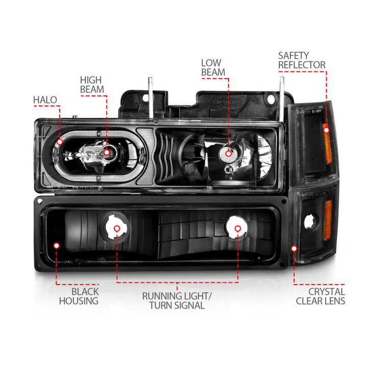 ANZO 88-98 Chevrolet C1500 Crystal Headlights Black Housing w/ Signal and Side Marker Lights - Bull Strap