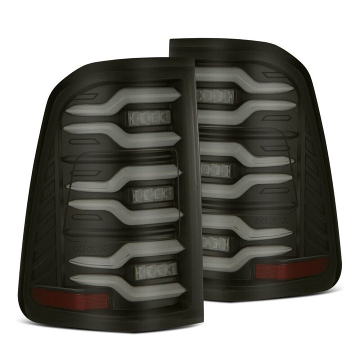 AlphaRex 19-21 Dodge Ram 1500 Luxx-Series LED Tail Lights Black w/Activ Light/Seq Signal - Bull Strap