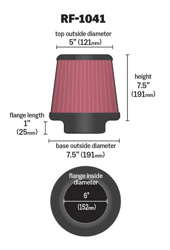 K&N Round Tapered Universal Air Filter 6 inch Flange 7 1/2 inch Base 5 inch Top 7 1/2 inch Height - Bull Strap