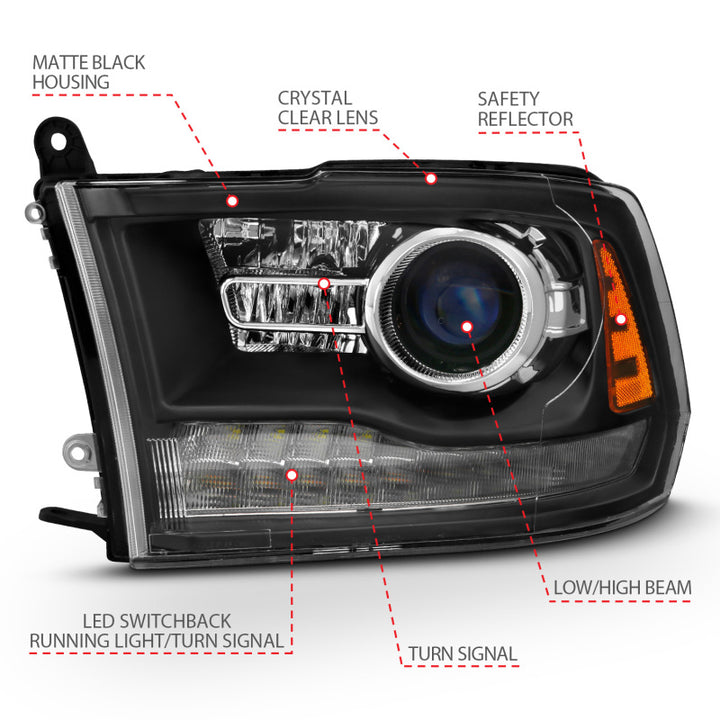 ANZO 2009-2018 Dodge Ram 1500 Projector Headlights Plank Style Halo w/Switchback Matte Black - Bull Strap