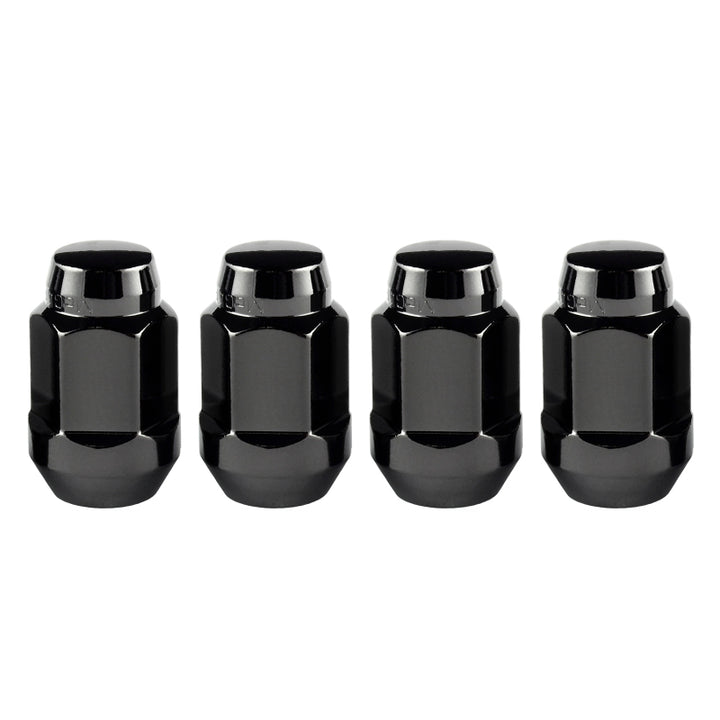 McGard Hex Lug Nut (Cone Seat Bulge Style) M14X1.5 / 22mm Hex / 1.635in. Length (4-Pack) - Black - Bull Strap