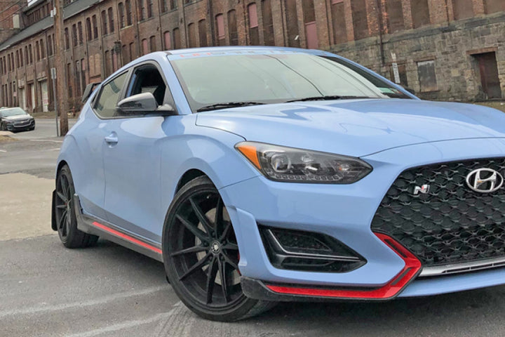 Rally Armor 19-22 Hyundai Veloster N Black UR Mud Flap w/ Red Logo - Bull Strap