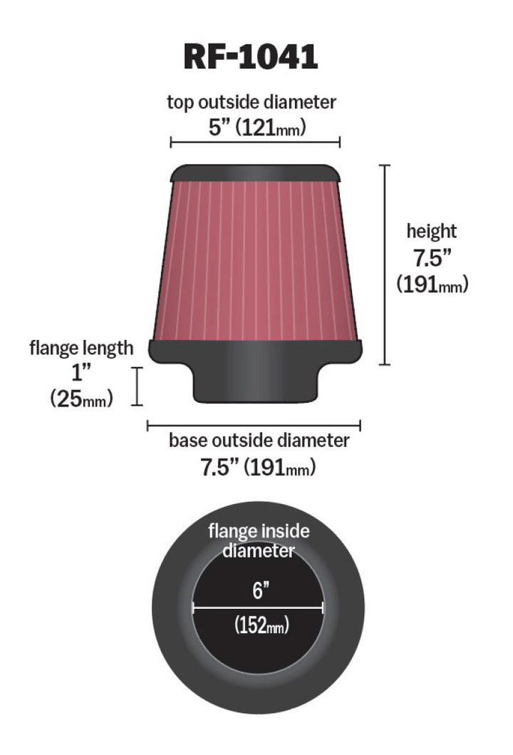 K&N Round Tapered Universal Air Filter 6 inch Flange 7 1/2 inch Base 5 inch Top 7 1/2 inch Height - Bull Strap