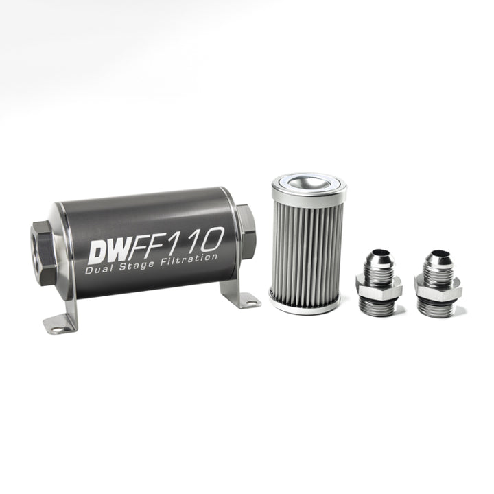 DeatschWerks Stainless Steel 8AN 10 Micron Universal Inline Fuel Filter Housing Kit (110mm) - Bull Strap