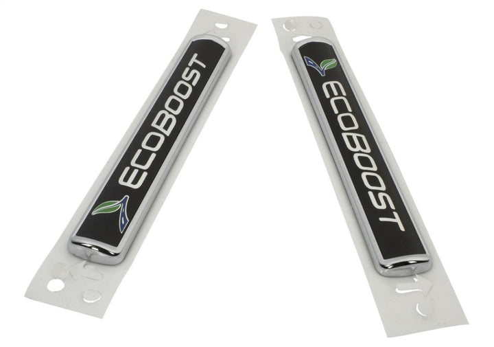 Ford Racing Black/Silver EcoBoost Emblem 3-1/2in x 9/16in - Set of 2 - Bull Strap