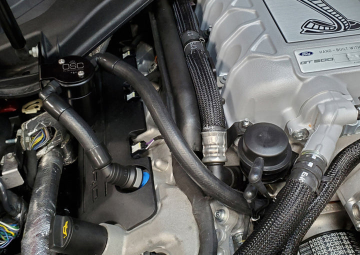 J&L 2020-2022 Ford Mustang GT500 Passenger Side Oil Separator 3.0 - Black Anodized - Bull Strap