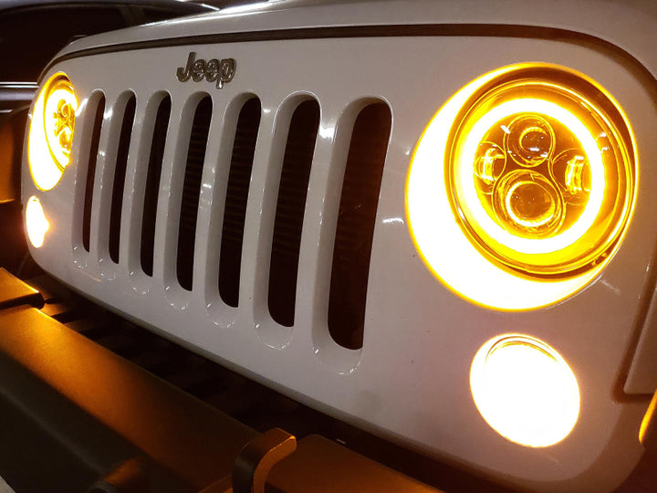 Raxiom 97-18 Jeep Wrangler TJ/JK Axial Halo Headlights w/ DRL Amber Signals- Blk Hsng (Clear Lens) - Bull Strap