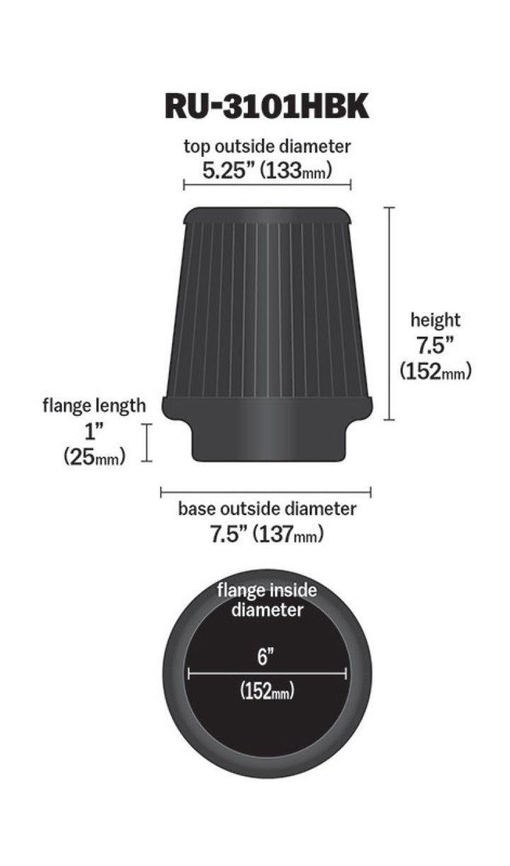 K&N Universal Rubber Filter Round Tapered 6in Flange ID x 7.5in Base OD x 5.25in Top OD x 8in Height - Bull Strap