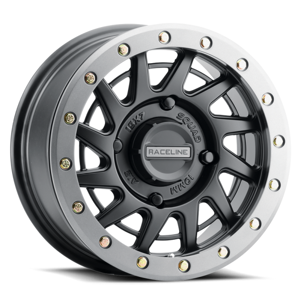Raceline A12BG Squad 15x7in/4x137 BP/38mm Offset/110.18mm Bore - BLK & Gunmetal Ring Beadlock Wheel - Bull Strap