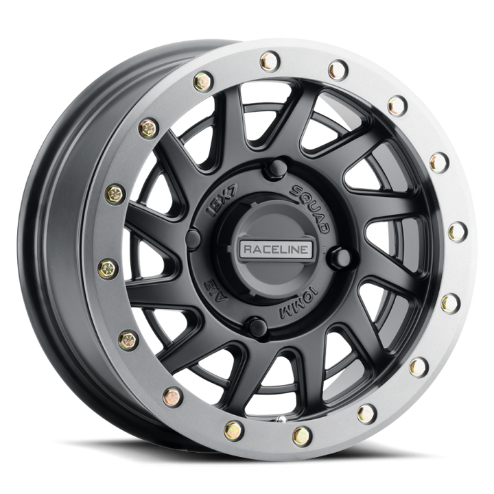 Raceline A12BG Squad 15x7in/4x137 BP/38mm Offset/110.18mm Bore - BLK & Gunmetal Ring Beadlock Wheel - Bull Strap