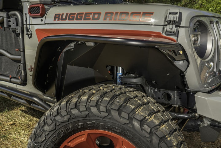 Rugged Ridge Inner Fender Liners Frnt Aluminum Black 18-20 Jeep Wrangler JL - Bull Strap
