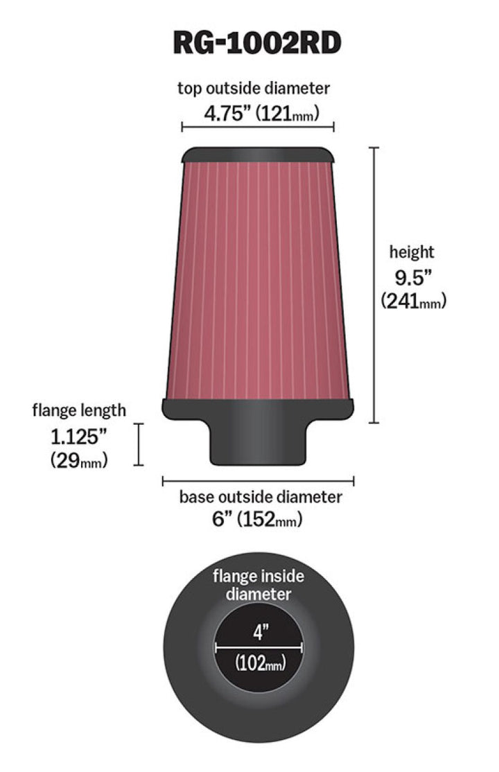 K&N Universal Air Filter Chrome Round Tapered Red - 4in Flange ID x 1.125in Flange Length x 9.5in H - Bull Strap
