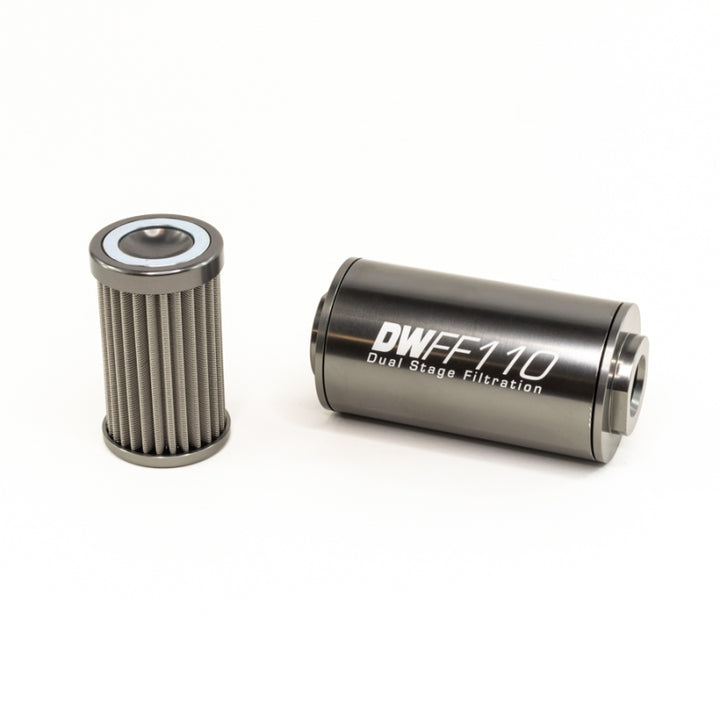 DeatschWerks Stainless Steel 10AN 100 Micron Universal Inline Fuel Filter Housing Kit (110mm) - Bull Strap