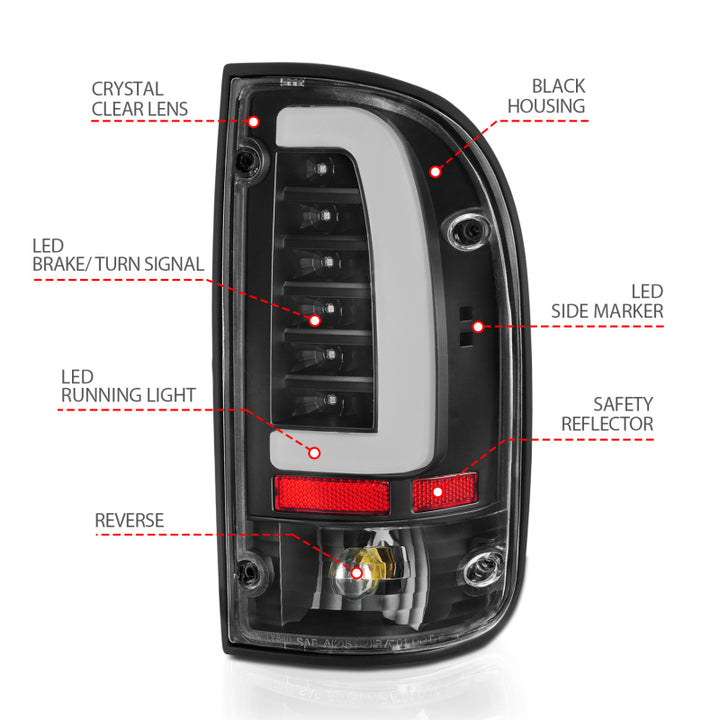 ANZO 95-00 Toyota Tacoma LED Taillights Black Housing Clear Lens (Pair) - Bull Strap