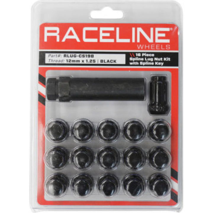 Raceline Spline Lug Nut Kit with Spline Key 12 x 1.25 - 16 Pack - Black - Bull Strap