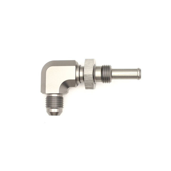 DeatschWerks 6AN Male Flare To 5/16in. Male Barb Bulkhead Adapter 90-Degree (Incl. Nut) - Bull Strap