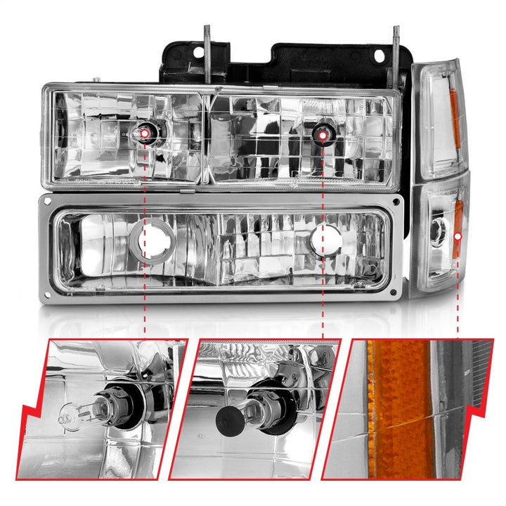 ANZO 88-98 Chevrolet C1500 Crystal Headlights Chrome w/ Signal and Side Marker Lights - Bull Strap