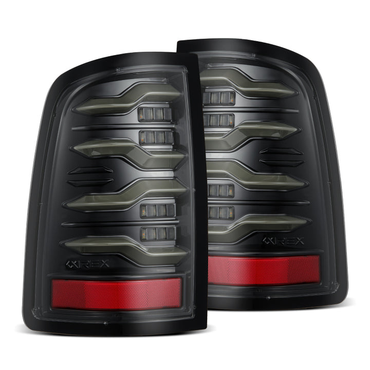 AlphaRex 09-18 Dodge Ram Luxx-Series LED Tail Lights Alpha-Black w/ Activation Light & Seq. Signal - Bull Strap