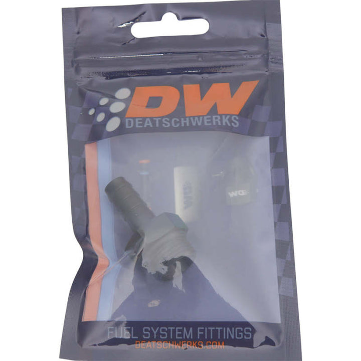 DeatschWerks 8AN ORB Male to 3/8in Male Triple Barb Fitting (Incl O-Ring) - Anodized Matte Black - Bull Strap