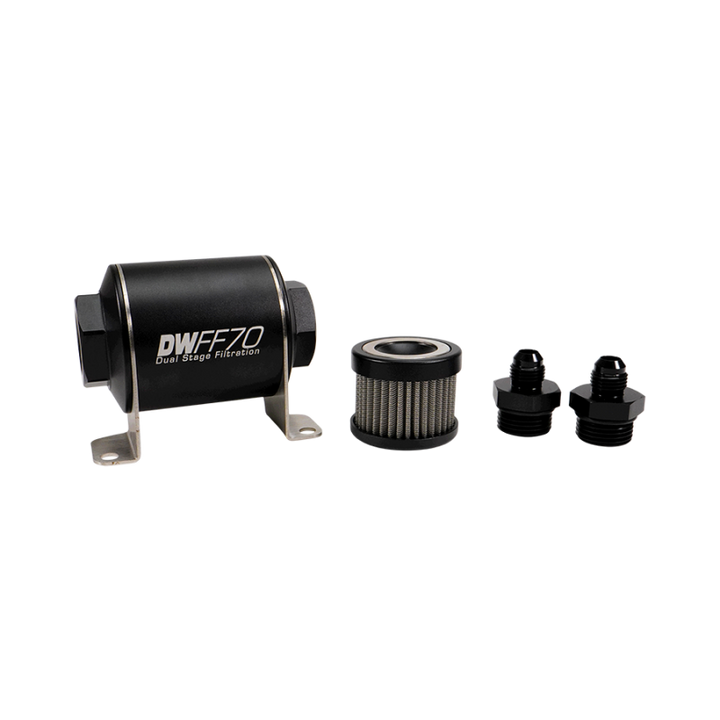 DeatschWerks Stainless Steel 6AN 10 Micron Universal Inline Fuel Filter Housing Kit (70mm) - Bull Strap