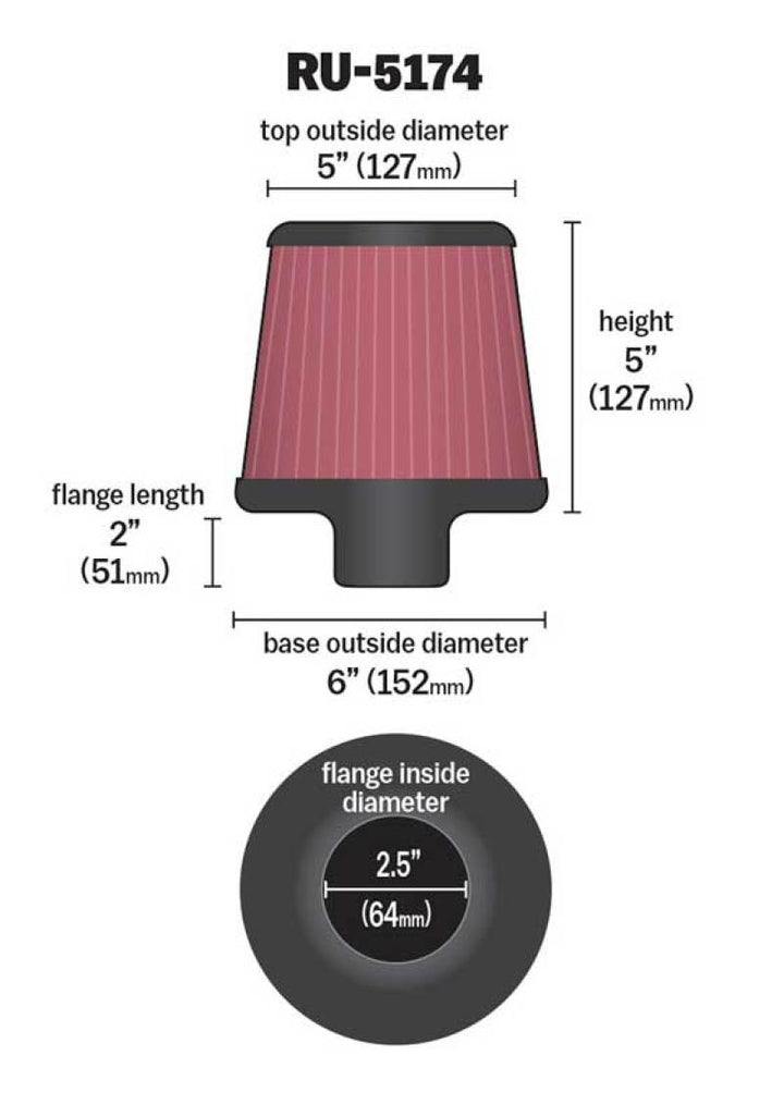 K&N Universal Rubber Filter-Round Tapered 2.5in Flange ID x 6in Base OD x 5in Top OD x 5in Height - Bull Strap