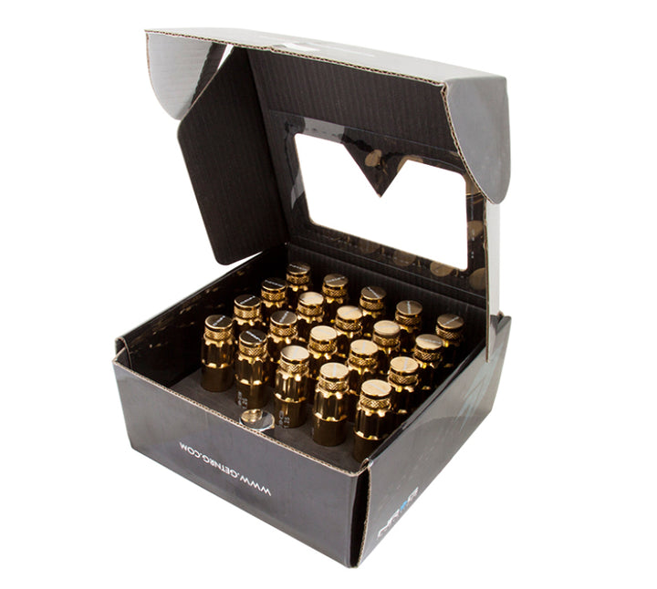 NRG 700 Series M12 X 1.5 Steel Lug Nut w/Dust Cap Cover Set 21 Pc w/Locks & Socket - Chrome Gold - Bull Strap