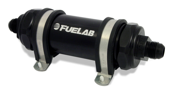 Fuelab 828 In-Line Fuel Filter Long -8AN In/Out 10 Micron Fabric - Black - Bull Strap