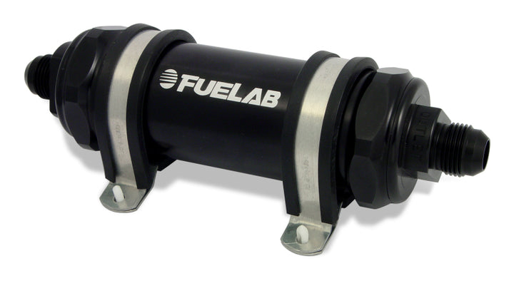 Fuelab 828 In-Line Fuel Filter Long -8AN In/Out 10 Micron Fabric - Black - Bull Strap
