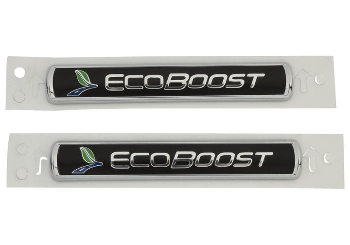 Ford Racing Black/Silver EcoBoost Emblem 3-1/2in x 9/16in - Set of 2 - Bull Strap