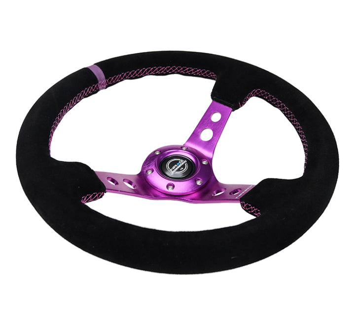 NRG Reinforced Steering Wheel (350mm / 3in. Deep) Black Suede w/Purple Center & Purple Stitching - Bull Strap