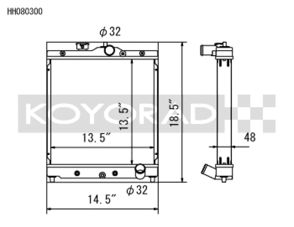 Koyo Honda 92-00 Civic/93-97 Del Sol 1.6L w/ 32mm Inlet/Outlet Pipes MT Radiator - Bull Strap
