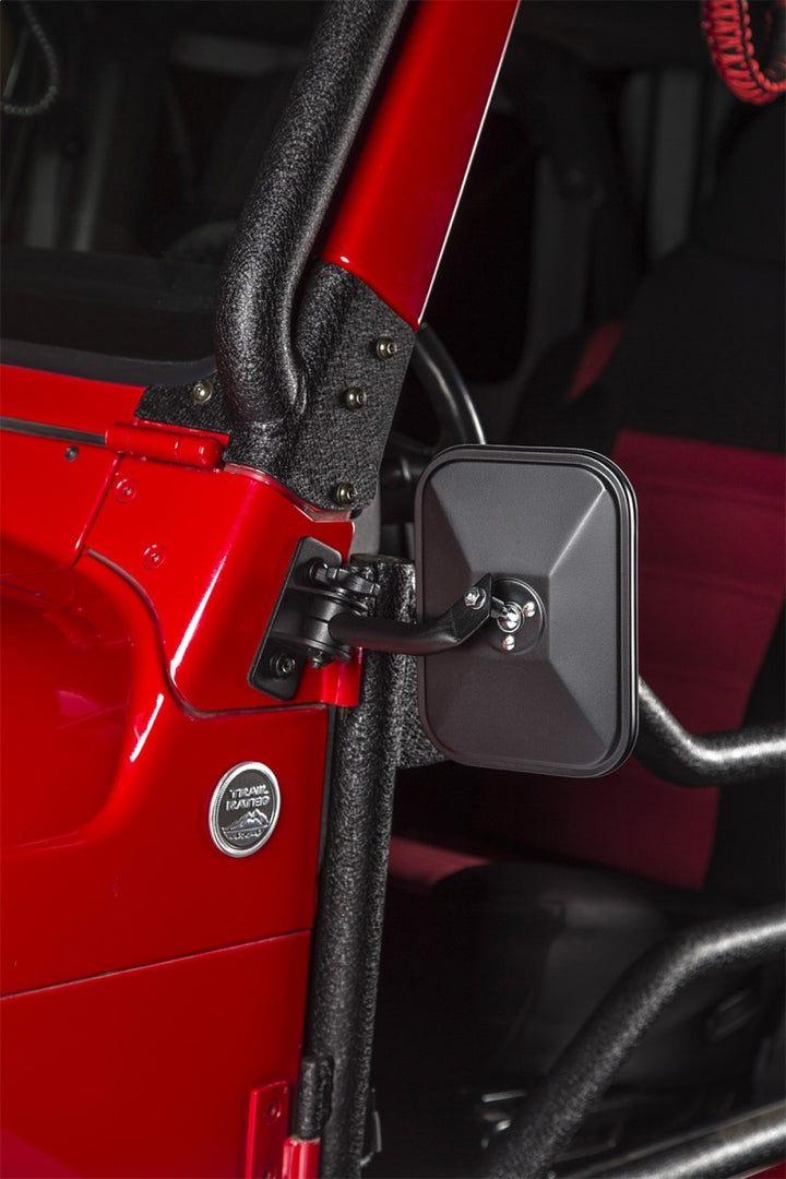 Rugged Ridge 97-18 Jeep Wrangler Textured Black Rectangular Stubby Trail Mirror Kit - Bull Strap