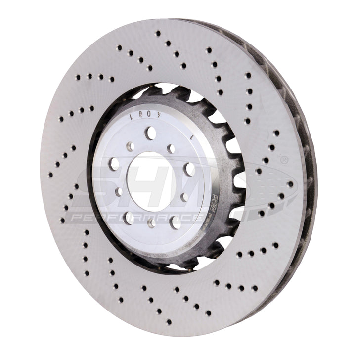 SHW 13-16 BMW M5 4.4L Right Front Cross-Drilled Lightweight Brake Rotor (34112284102) - Bull Strap