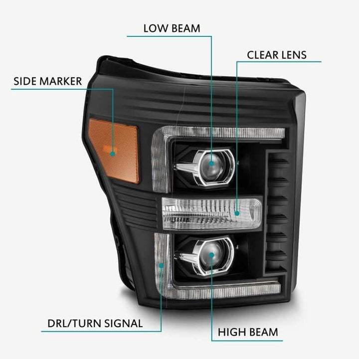 AlphaRex 11-16 Ford F-350 SD LUXX LED Proj Headlights Plank Style Black w/Activ Light/Seq Signal - Bull Strap