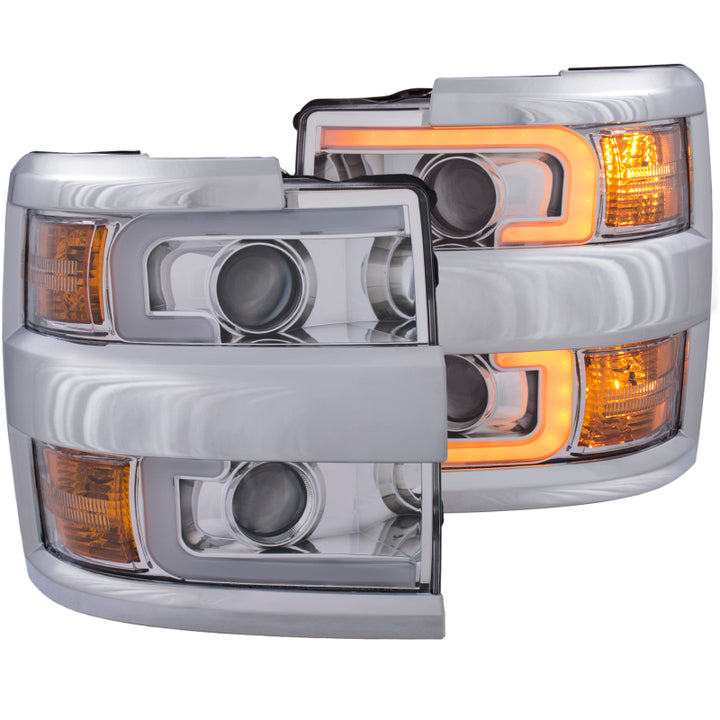 ANZO Projector Headlights 15-17 Chevrolet Silverado 2500HD / 3500HD Chrome w/ Chrome Rim - Bull Strap