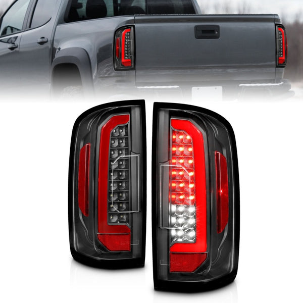 ANZO 15-21 Chevrolet Colorado Full LED Tail Lights w/ Red Lightbar Black Housing Clear Lens - Bull Strap