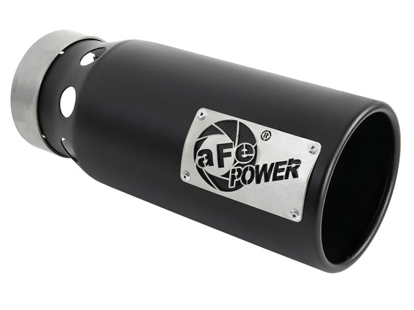 aFe SATURN 4S 4in SS Intercooled Exhaust Tip - Black 4in In x 5in Out x 12in L Bolt-On - Bull Strap