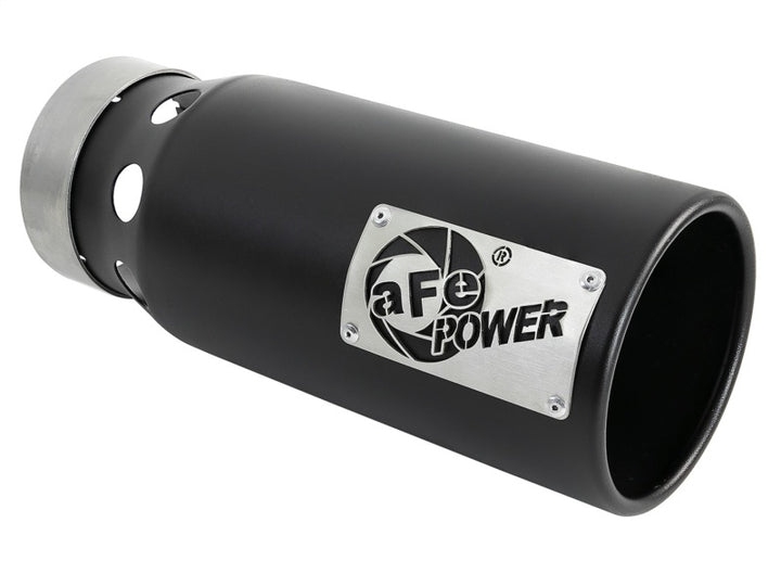 aFe SATURN 4S 4in SS Intercooled Exhaust Tip - Black 4in In x 5in Out x 12in L Bolt-On - Bull Strap