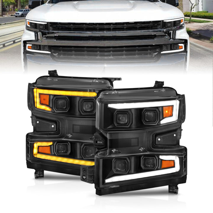 ANZO 19-22 Chevrolet Silverado 1500 LED Proj HL w/Lgt Bar SwBk Seq. Blk w/In. Light - Driver Side ON - Bull Strap