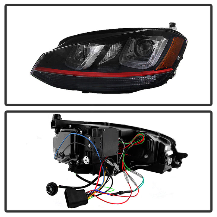 Spyder Volkswagen Golf VII 14-16 Projector Headlights DRL LED Red Stripe Blk PRO-YD-VG15-RED-DRL-BK - Bull Strap
