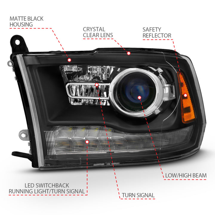 ANZO 2009-2018 Dodge Ram 1500 Projector Headlights Plank Style Halo w/Switchback Matte Black - Bull Strap