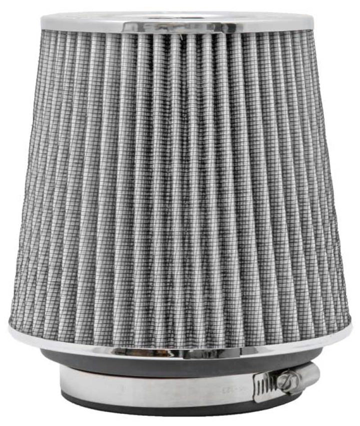 K&N Universal Filter Chrome Round Tapered White - 4in Flange ID x 1.125in Flange Length x 5.5in H - Bull Strap