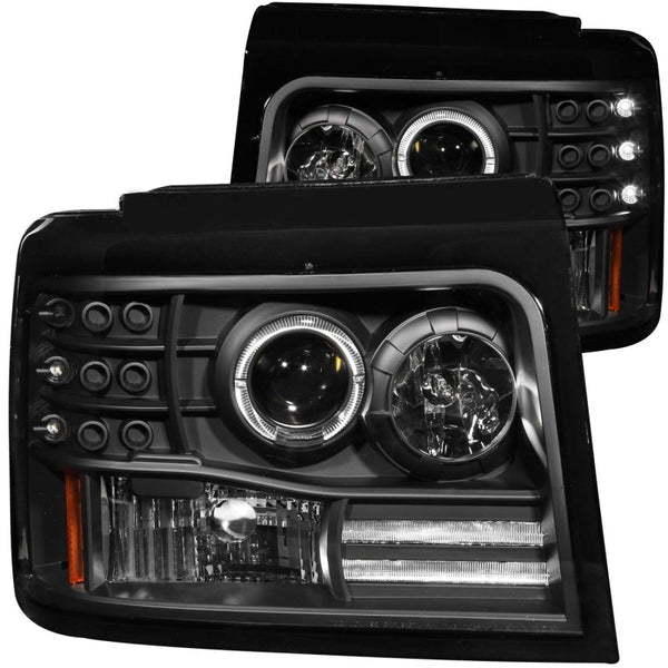 ANZO 1992-1996 Ford F-150 Projector Headlights w/ Halo Black w/ Side Markers and Parking Lights - Bull Strap