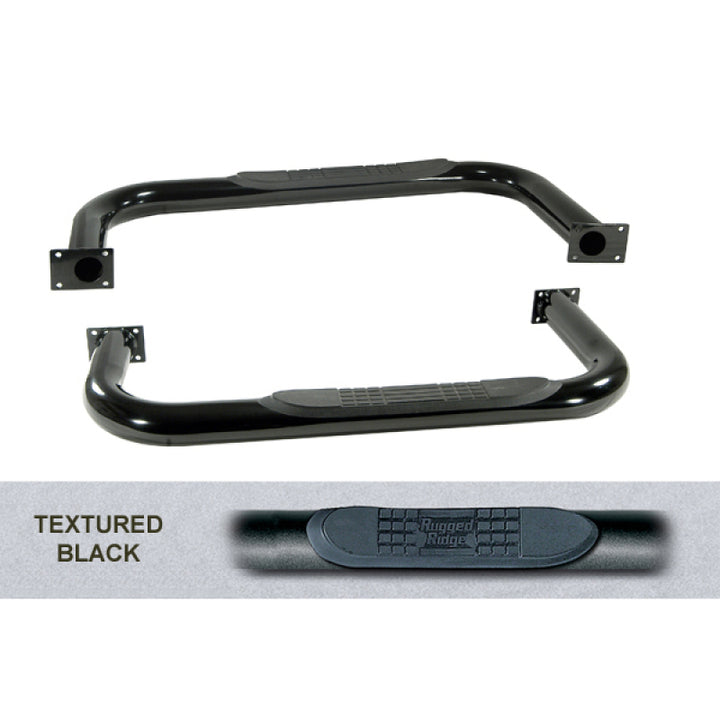 Rugged Ridge 3in Round Tube Side Steps Black 76-86 Jeep CJ7 - Bull Strap